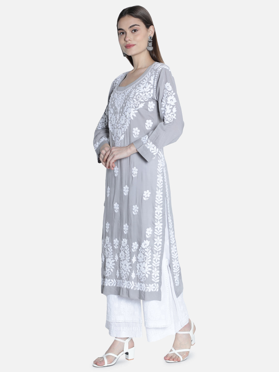 Grey Modal Cotton Kurta in White Chikan Work
