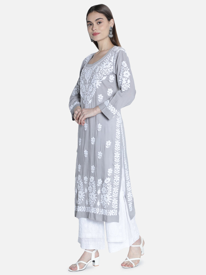 Grey Modal Cotton Kurta in White Chikan Work