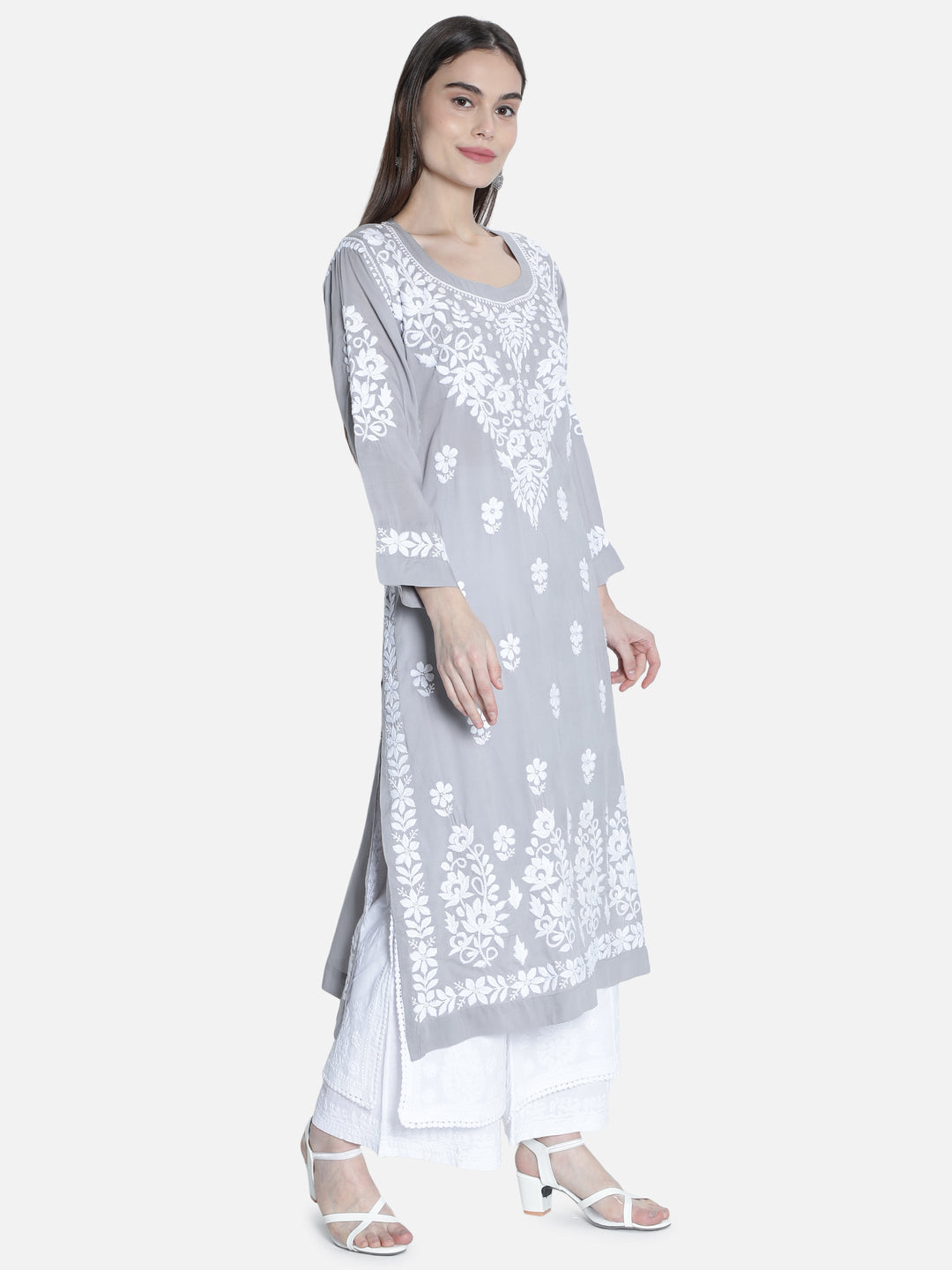 Grey Modal Cotton Kurta in White Chikan Work