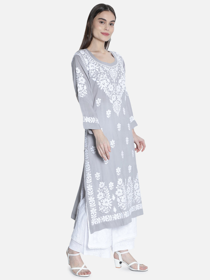 Grey Modal Cotton Kurta in White Chikan Work