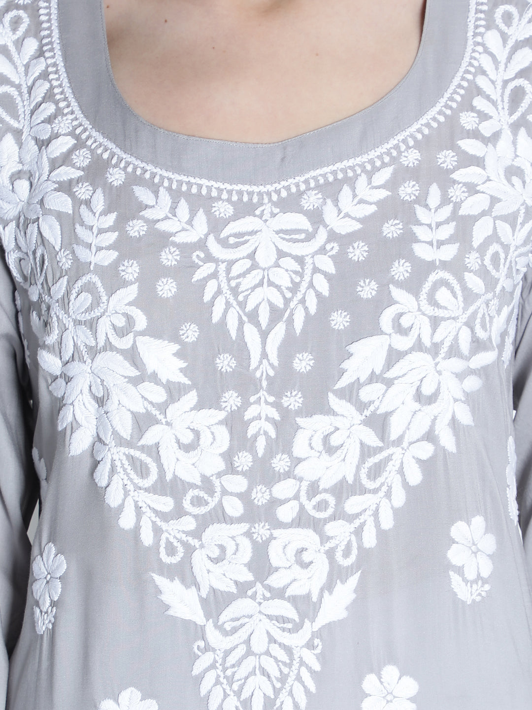 Grey Modal Cotton Kurta in White Chikan Work