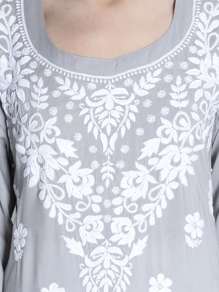 Grey Modal Cotton Kurta in White Chikan Work