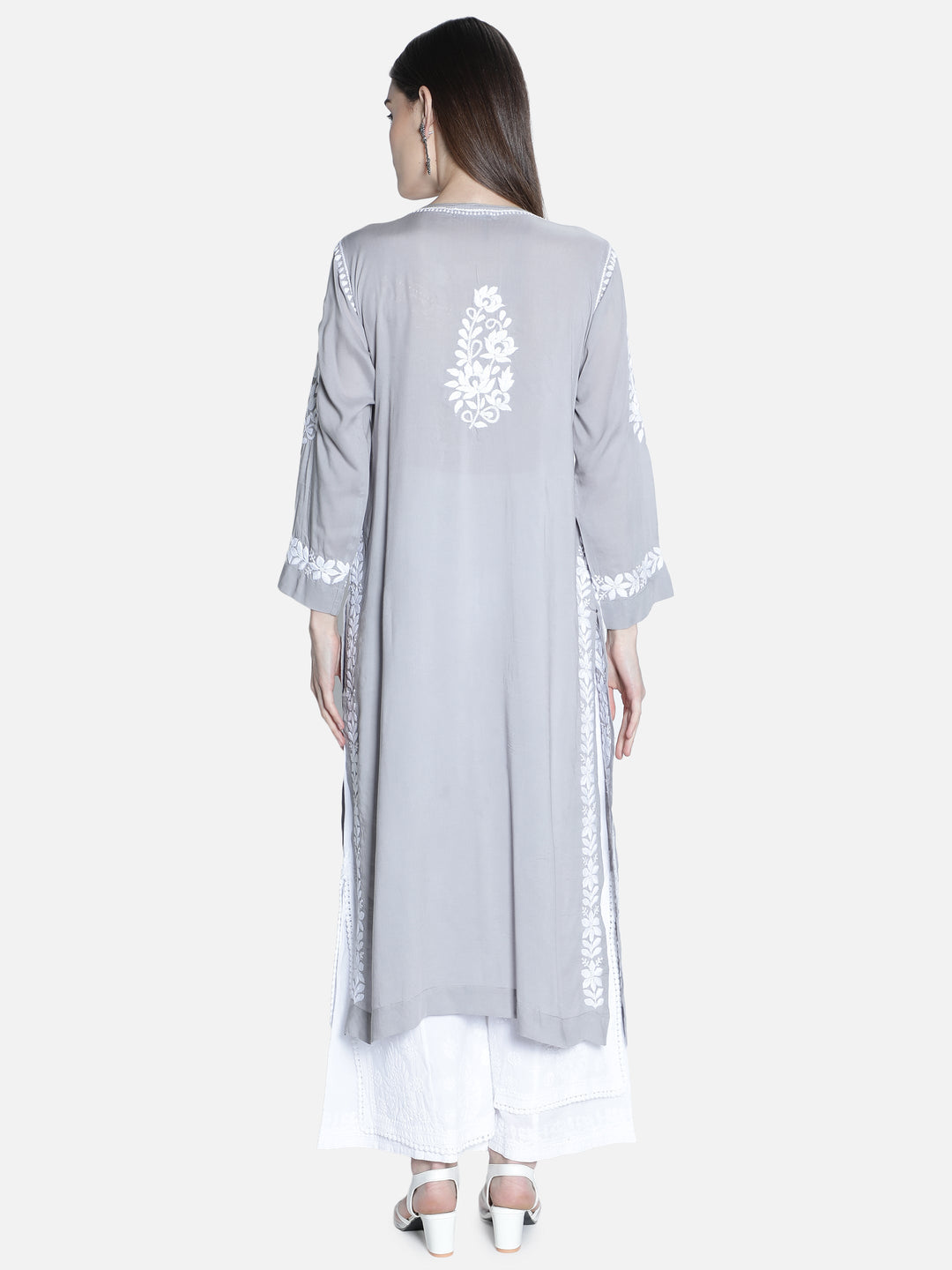 Grey Modal Cotton Kurta in White Chikan Work