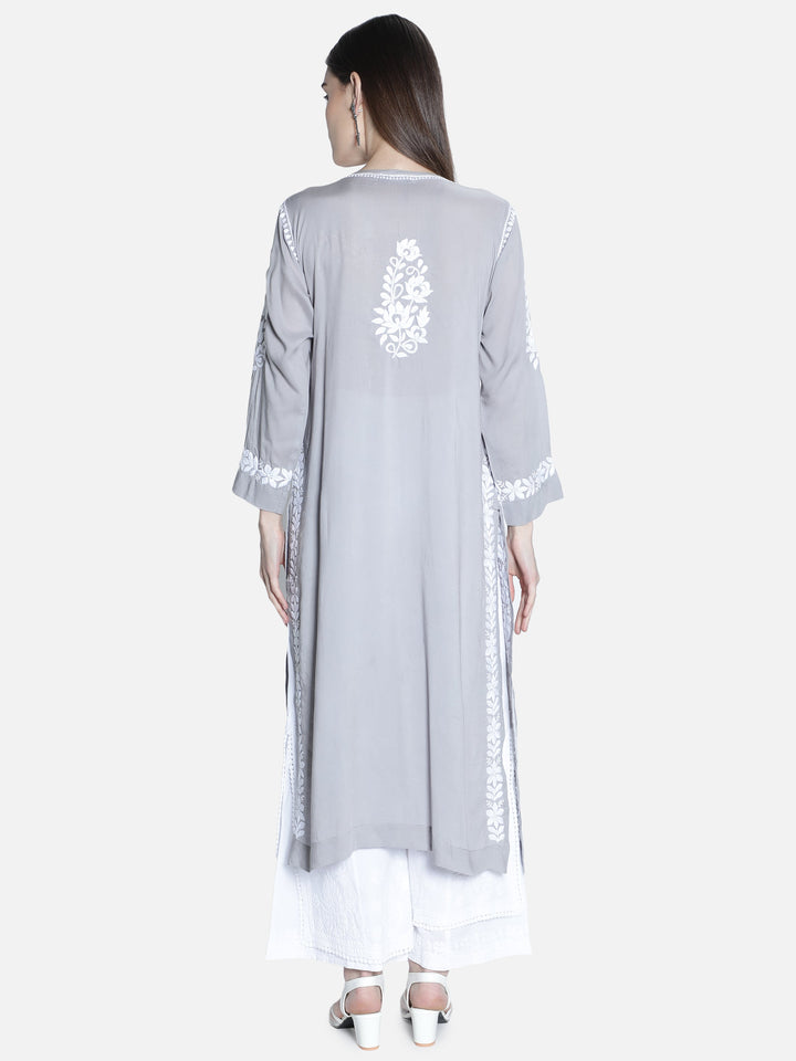 Grey Modal Cotton Kurta in White Chikan Work