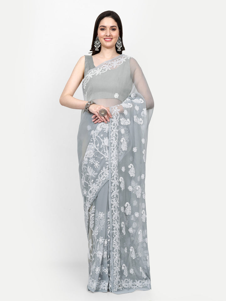 Grey Poly Georgette Embroidered Chikankari Saree