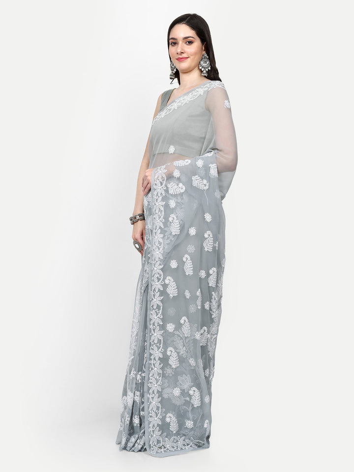 Grey Poly Georgette Embroidered Chikankari Saree