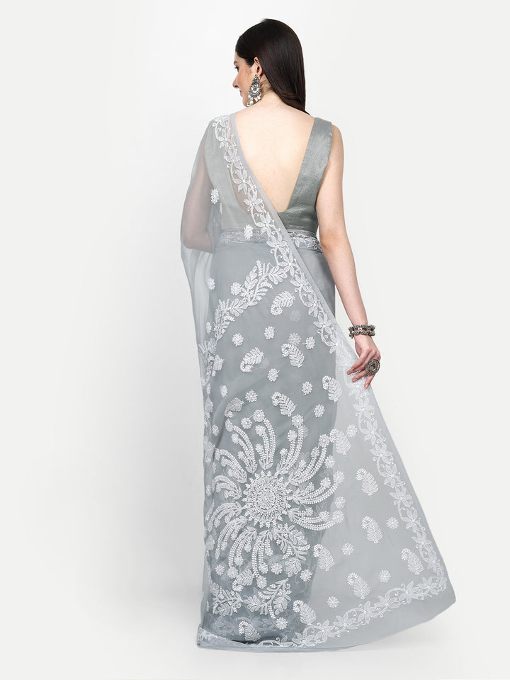 Grey Poly Georgette Embroidered Chikankari Saree