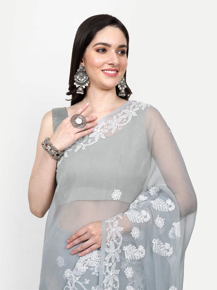 Grey Poly Georgette Embroidered Chikankari Saree