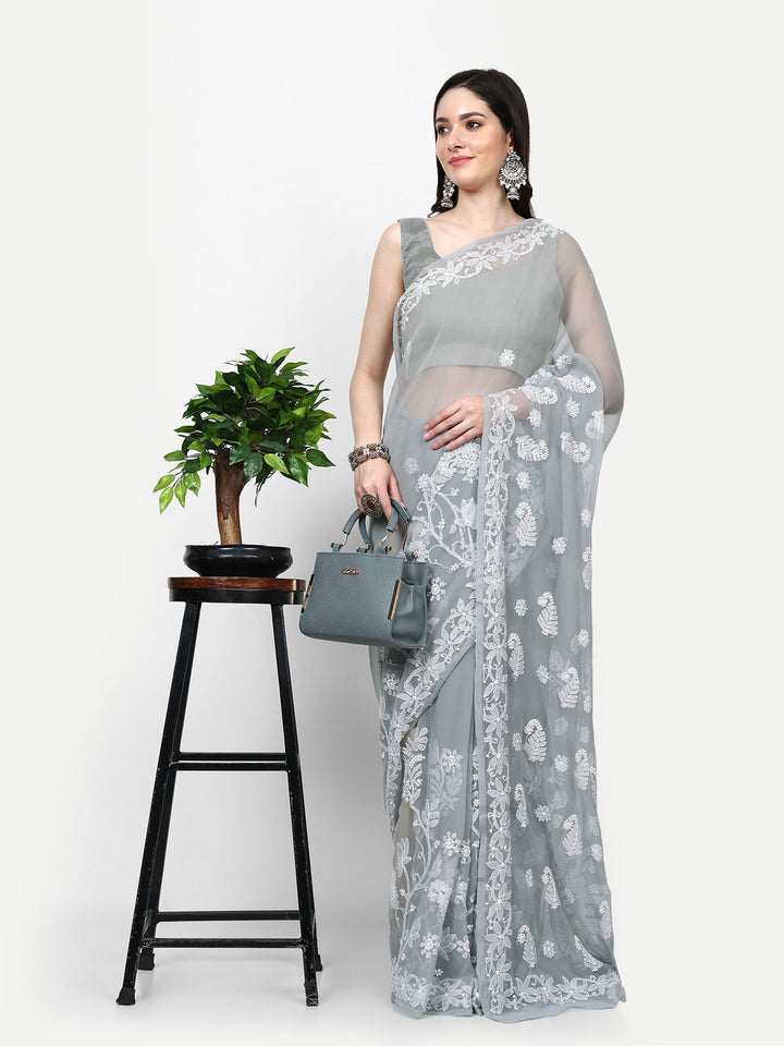 Grey Poly Georgette Embroidered Chikankari Saree