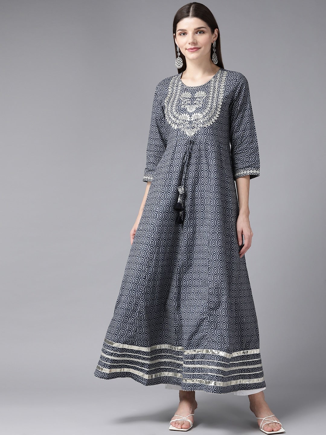 Grey Printed Embroidered Kurta
