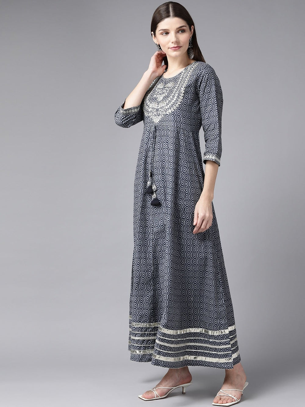 Grey Printed Embroidered Kurta