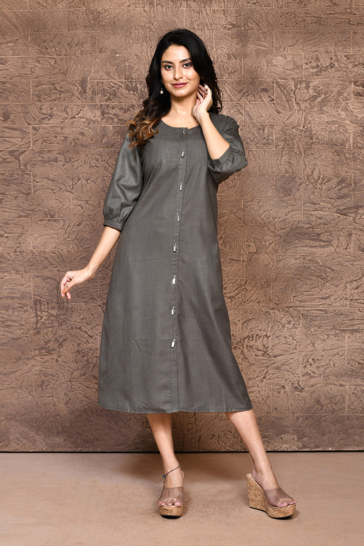 Grey Pure Slub Cotton A-Line Dress With Pockets