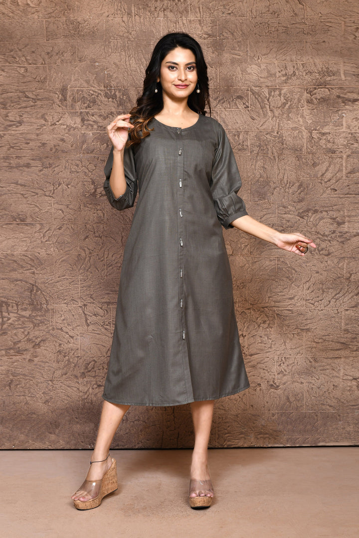 Grey Pure Slub Cotton A-Line Dress With Pockets