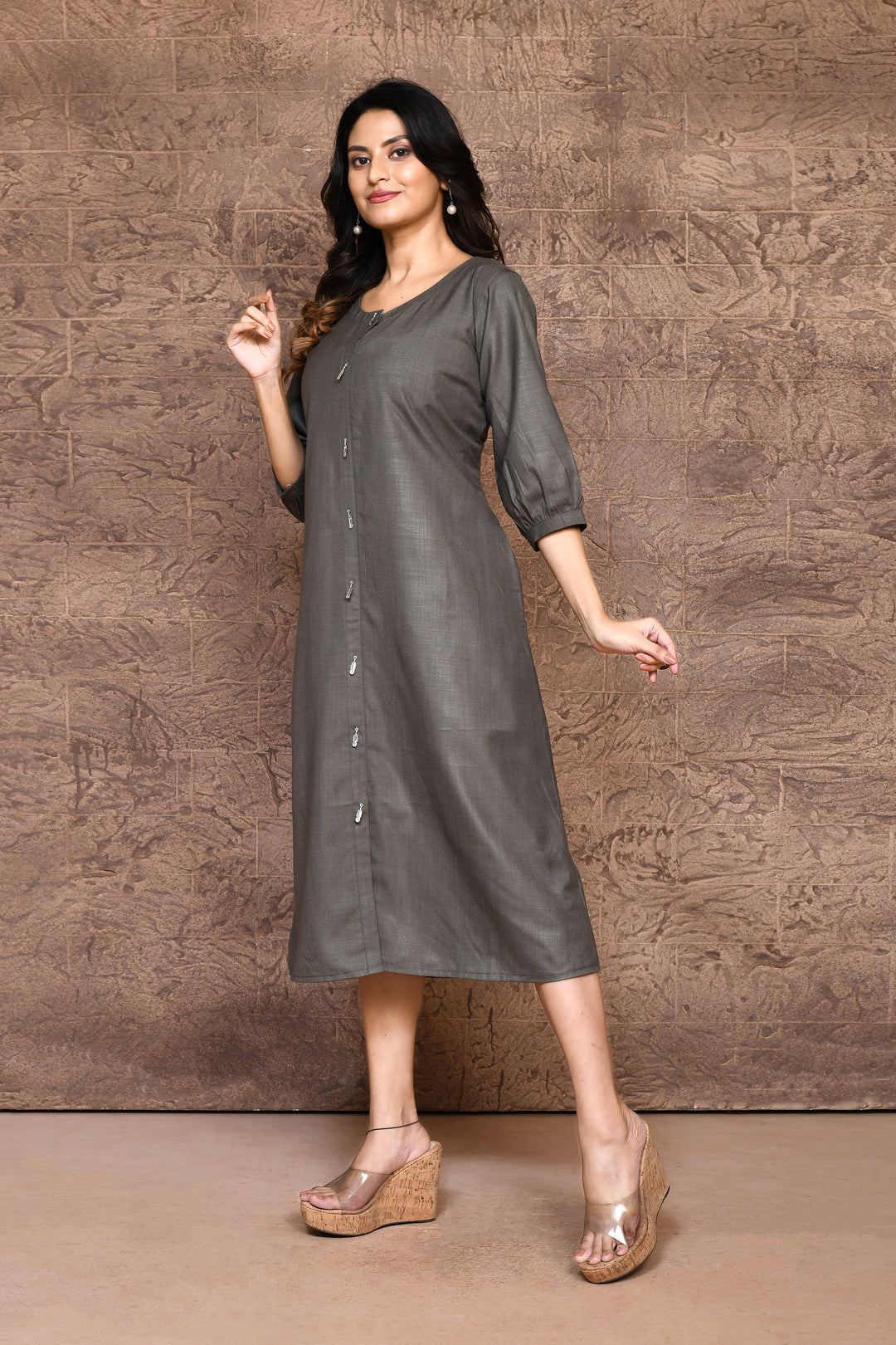 Grey Pure Slub Cotton A-Line Dress With Pockets