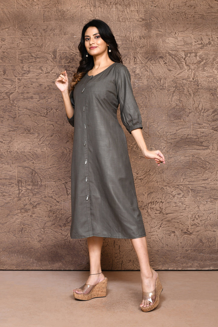 Grey Pure Slub Cotton A-Line Dress With Pockets