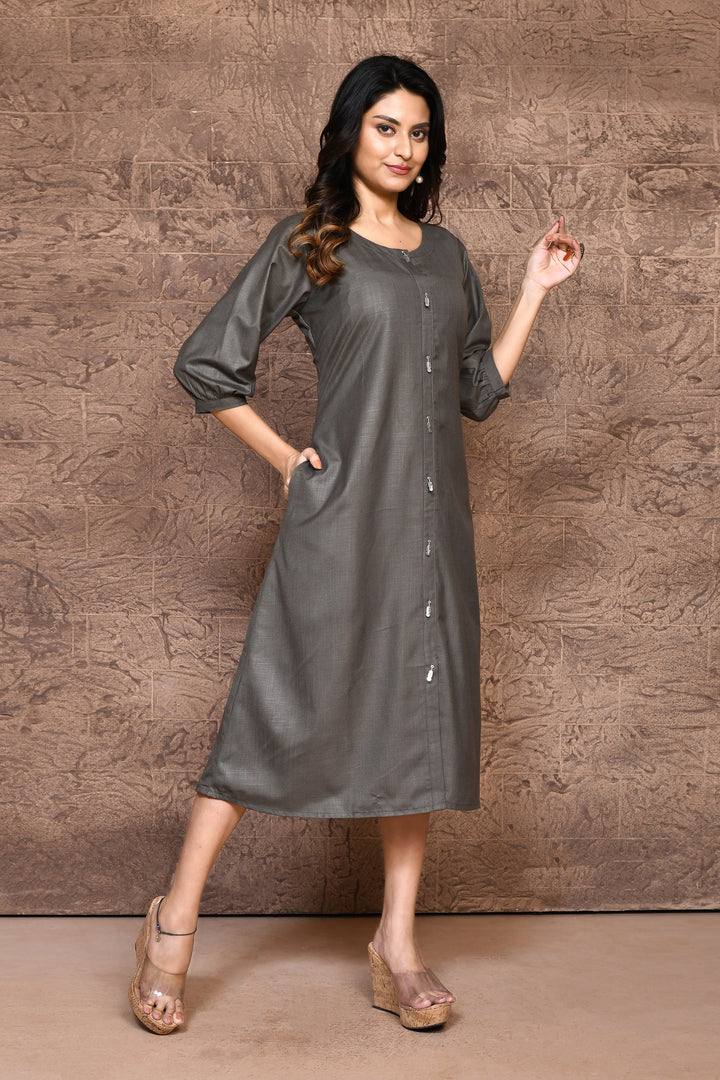 Grey Pure Slub Cotton A-Line Dress With Pockets