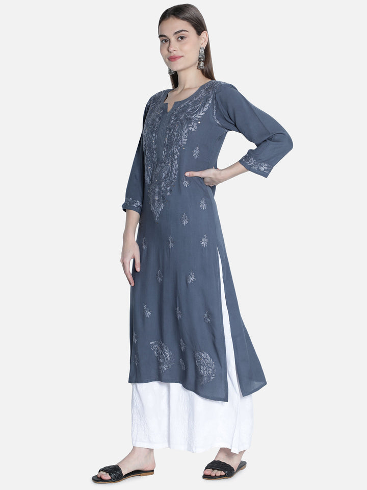 Grey Rayon Chikan Kurta with Muqaish Work