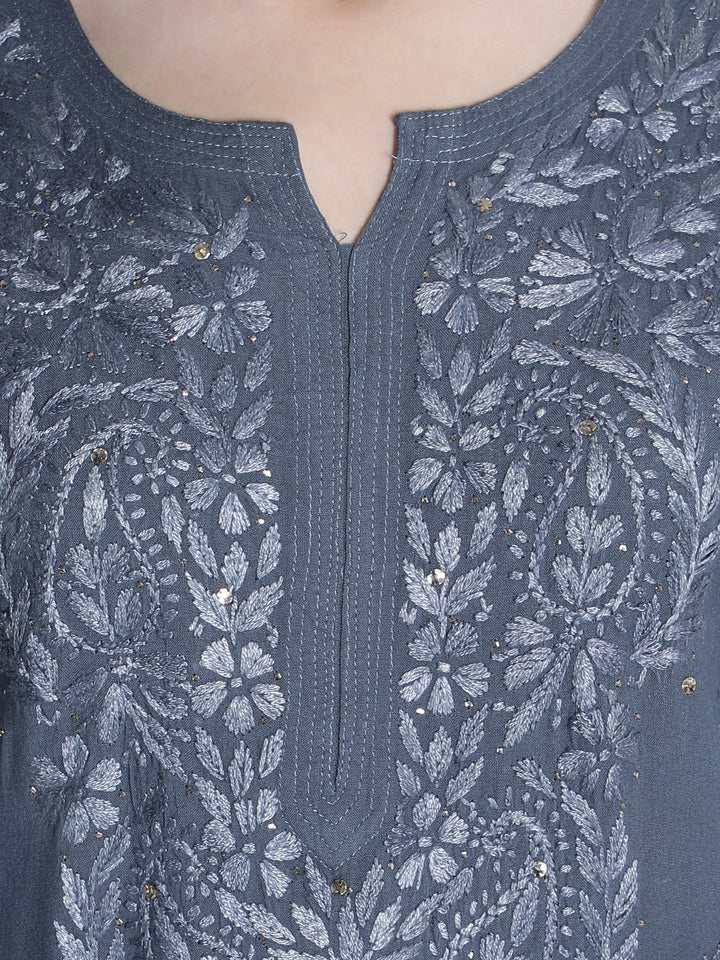 Grey Rayon Chikan Kurta with Muqaish Work