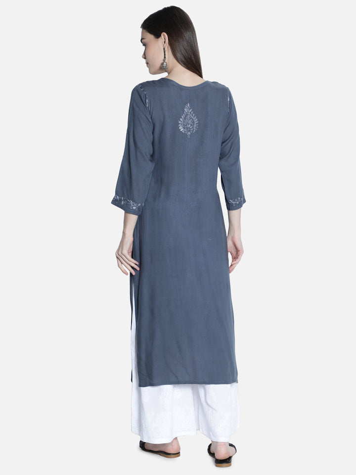 Grey Rayon Chikan Kurta with Muqaish Work