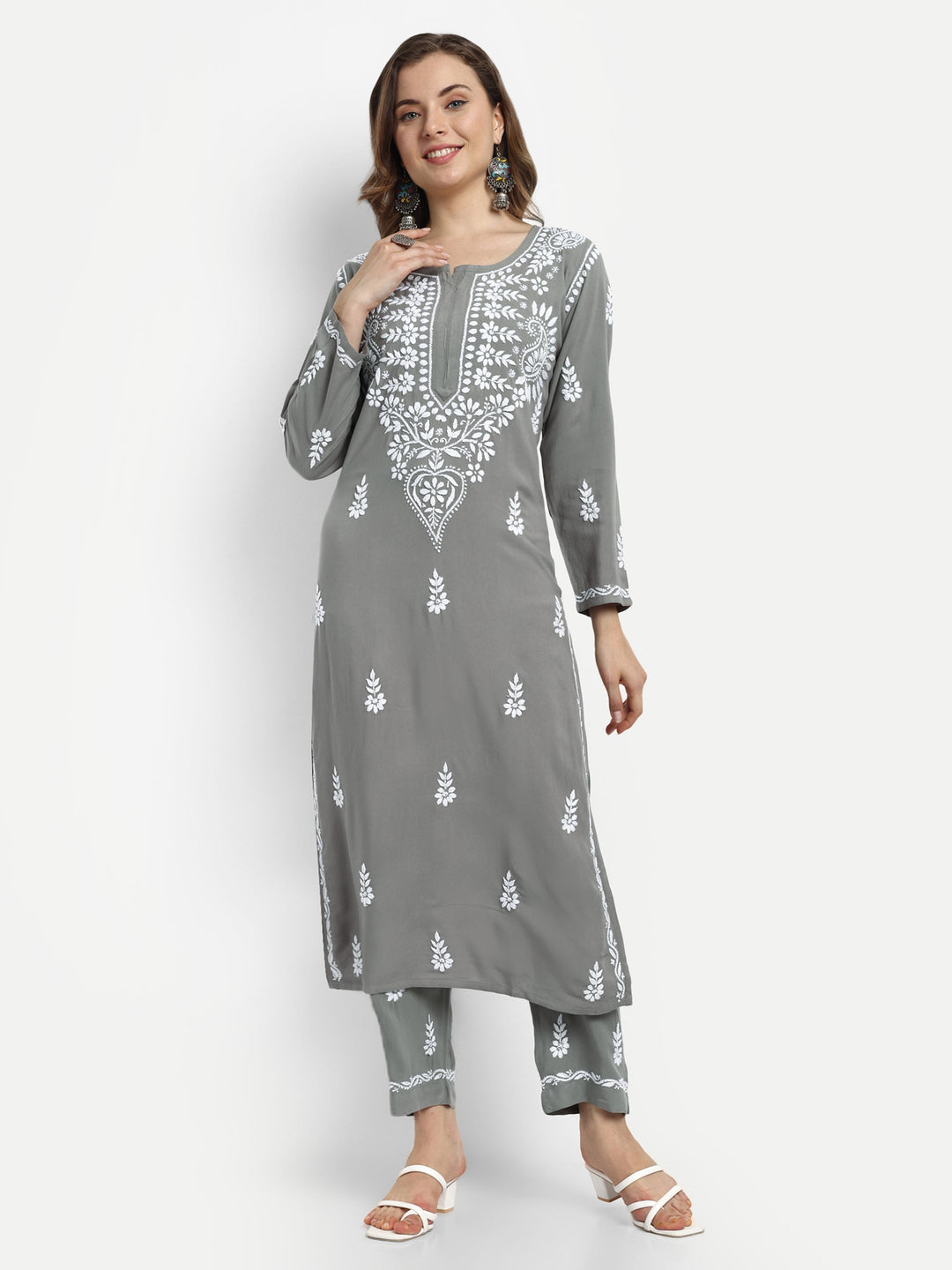 Grey Rayon Chikankari Motif 2-Piece Kurta Set