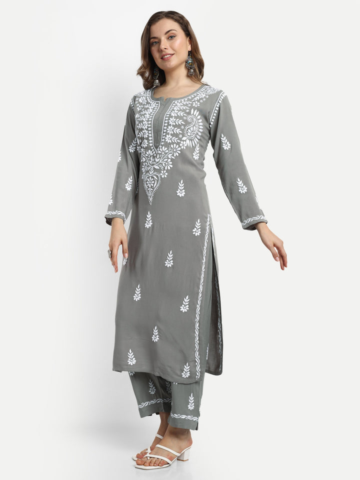 Grey Rayon Chikankari Motif 2-Piece Kurta Set