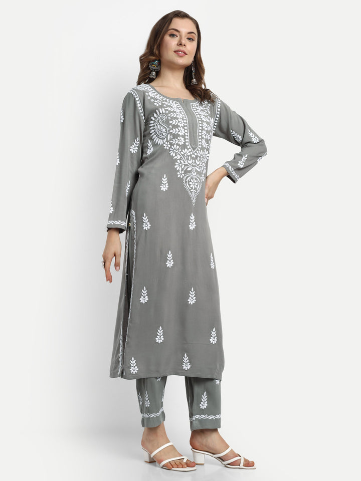 Grey Rayon Chikankari Motif 2-Piece Kurta Set