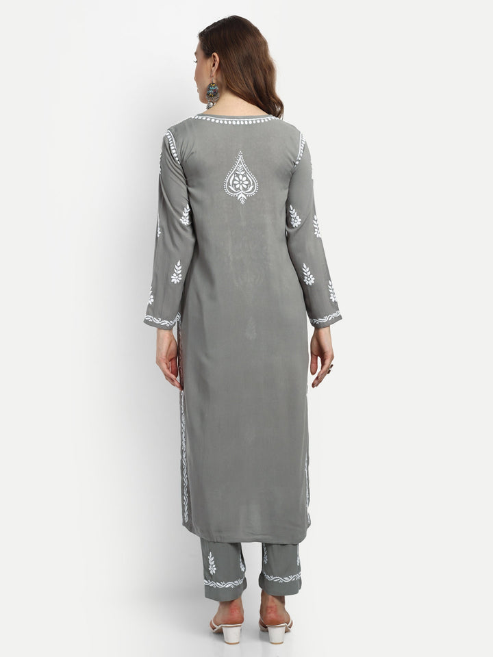 Grey Rayon Chikankari Motif 2-Piece Kurta Set