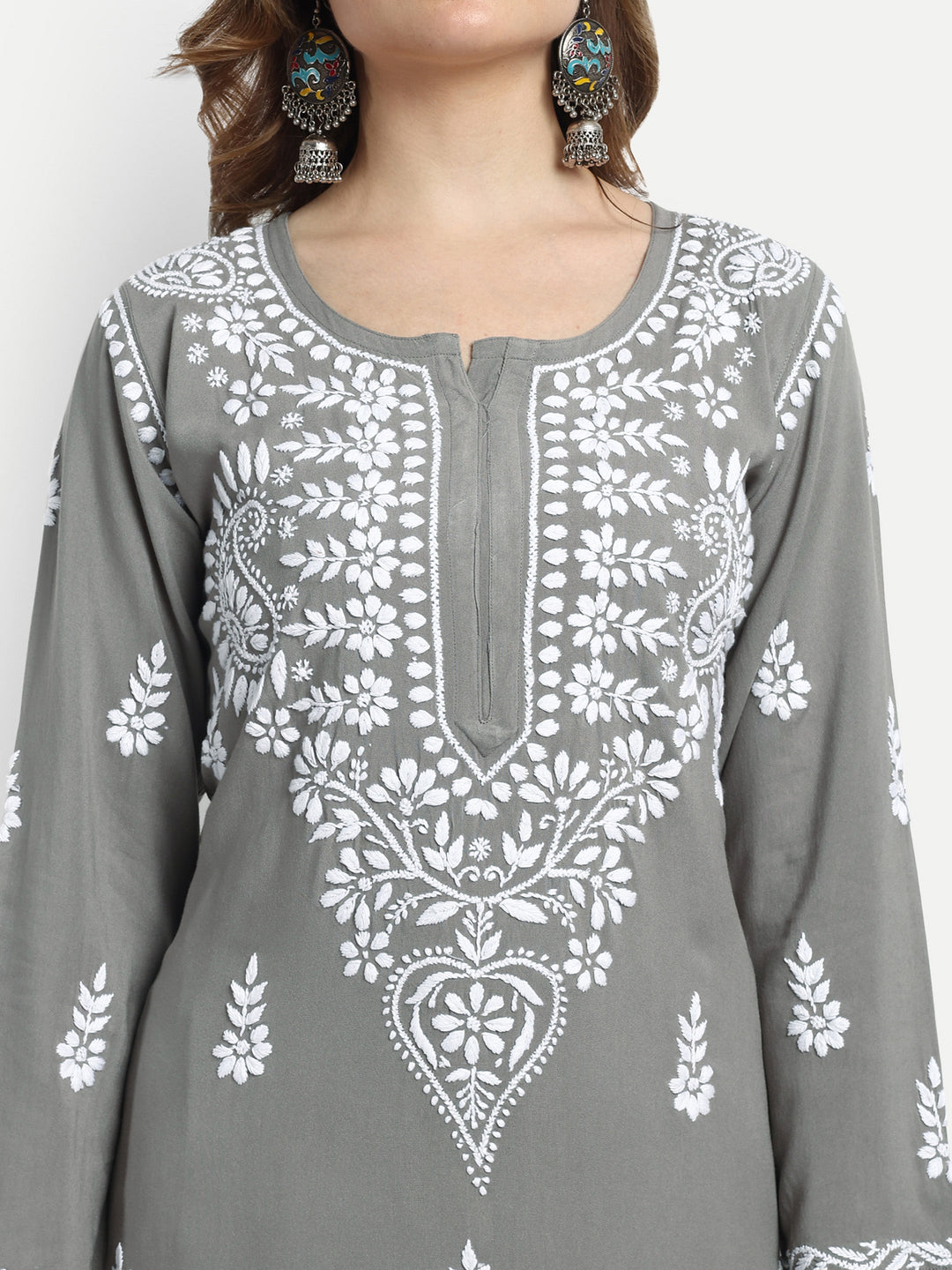 Grey Rayon Chikankari Motif 2-Piece Kurta Set