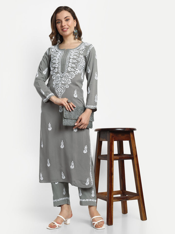 Grey Rayon Chikankari Motif 2-Piece Kurta Set