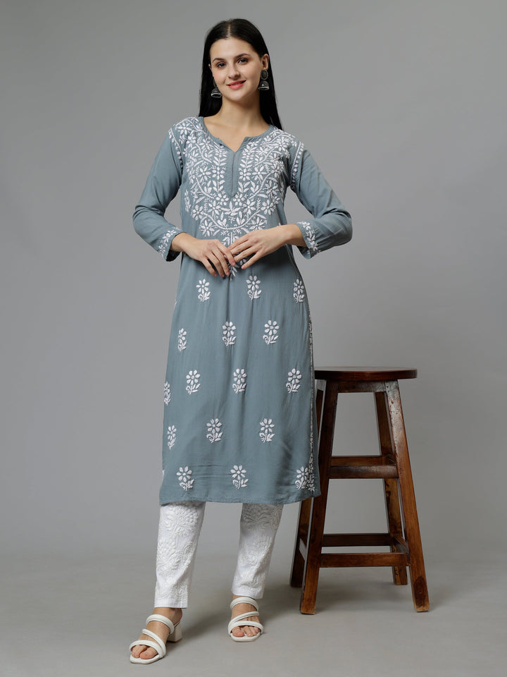 Grey-Rayon-Hand-Embroidered-Lucknowi-Chikankari-Kurti