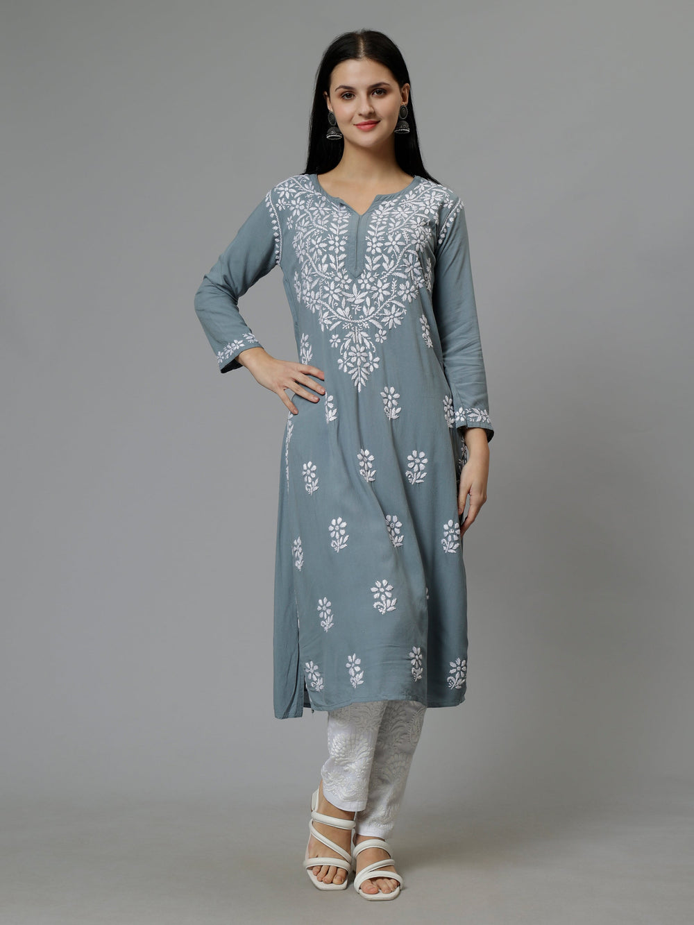 Grey-Rayon-Hand-Embroidered-Lucknowi-Chikankari-Kurti
