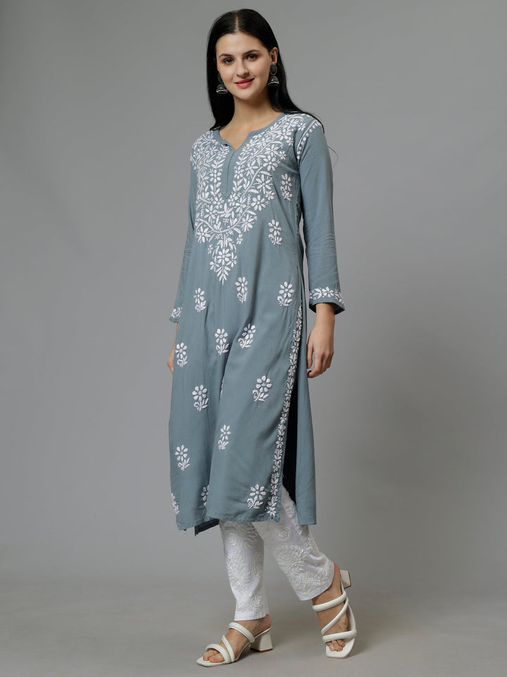 Grey-Rayon-Hand-Embroidered-Lucknowi-Chikankari-Kurti