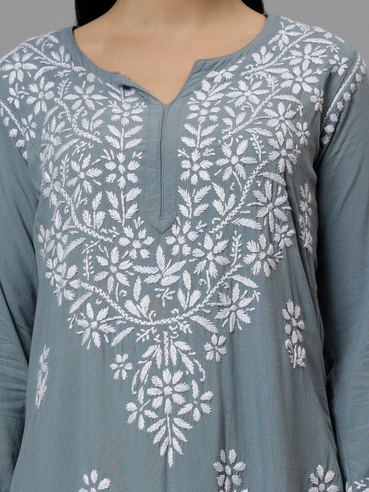 Grey-Rayon-Hand-Embroidered-Lucknowi-Chikankari-Kurti