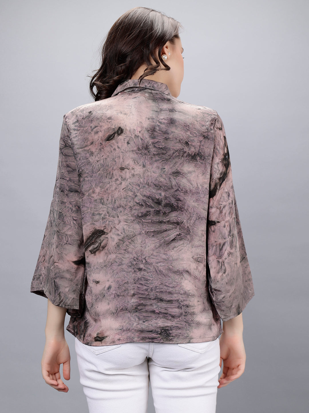 Grey Silk Crepe Tie-Dye Digital Printed Shirt