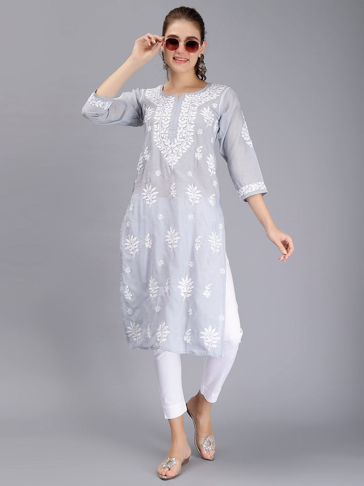 Grey Terivoil Cotton Lucknowi Chikankari Embroidered Kurti