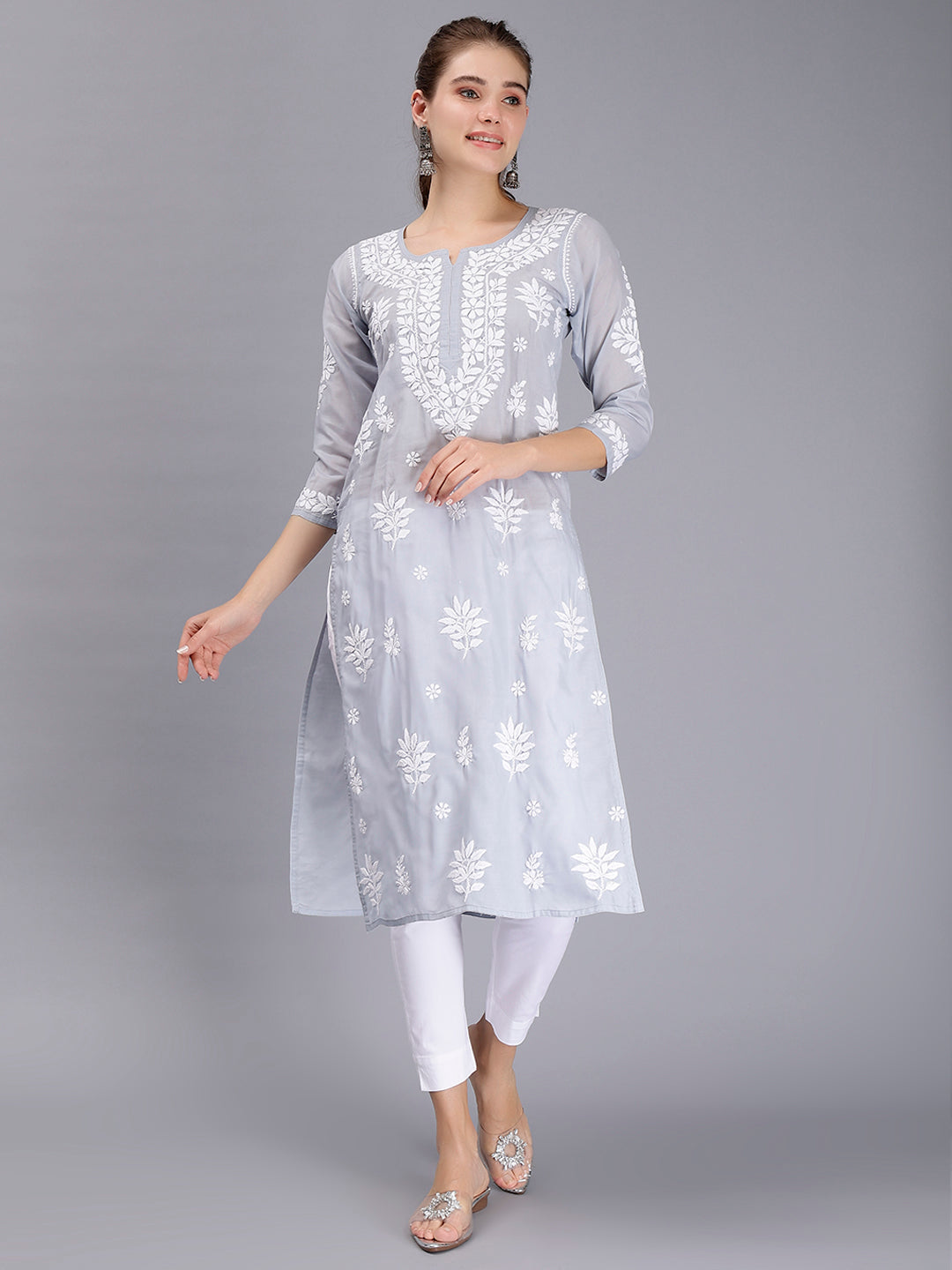 Grey Terivoil Cotton Lucknowi Chikankari Embroidered Kurti