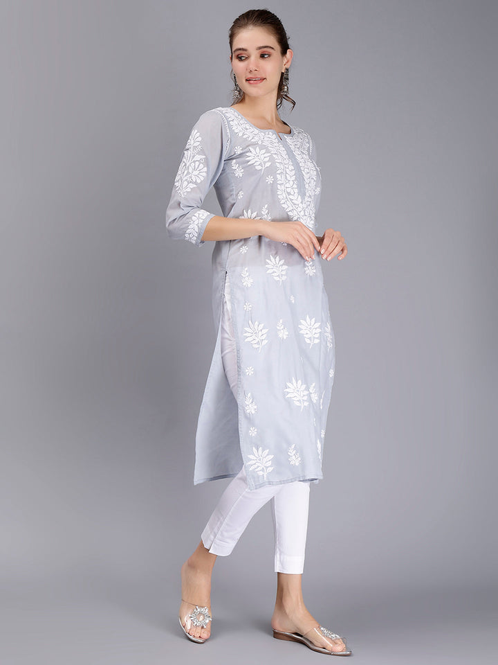 Grey Terivoil Cotton Lucknowi Chikankari Embroidered Kurti