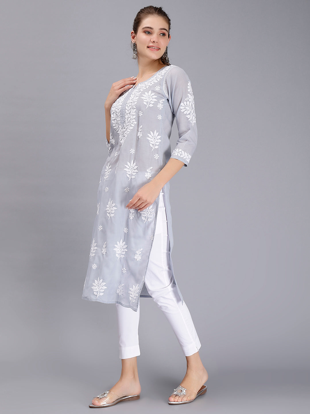 Grey Terivoil Cotton Lucknowi Chikankari Embroidered Kurti