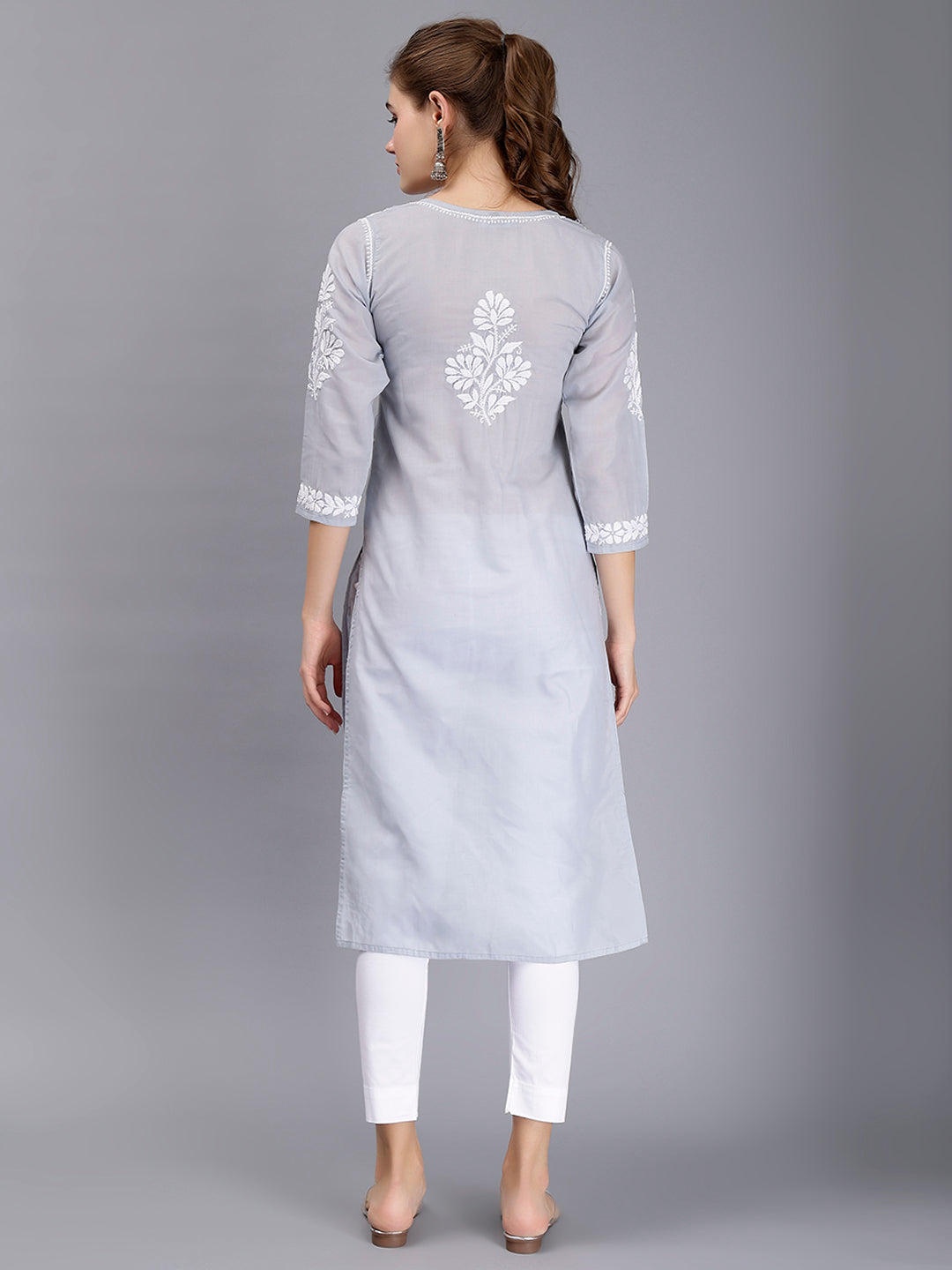 Grey Terivoil Cotton Lucknowi Chikankari Embroidered Kurti