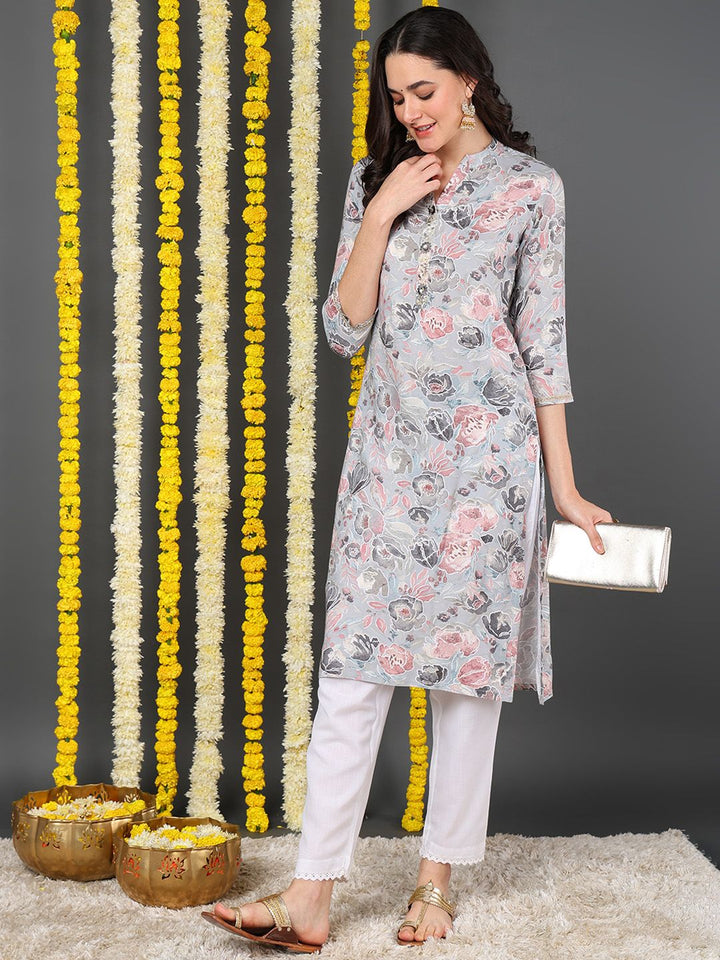 ZERESOUQ-Grey-Viscose-Rayon-Floral-Printed-Straight-Kurta