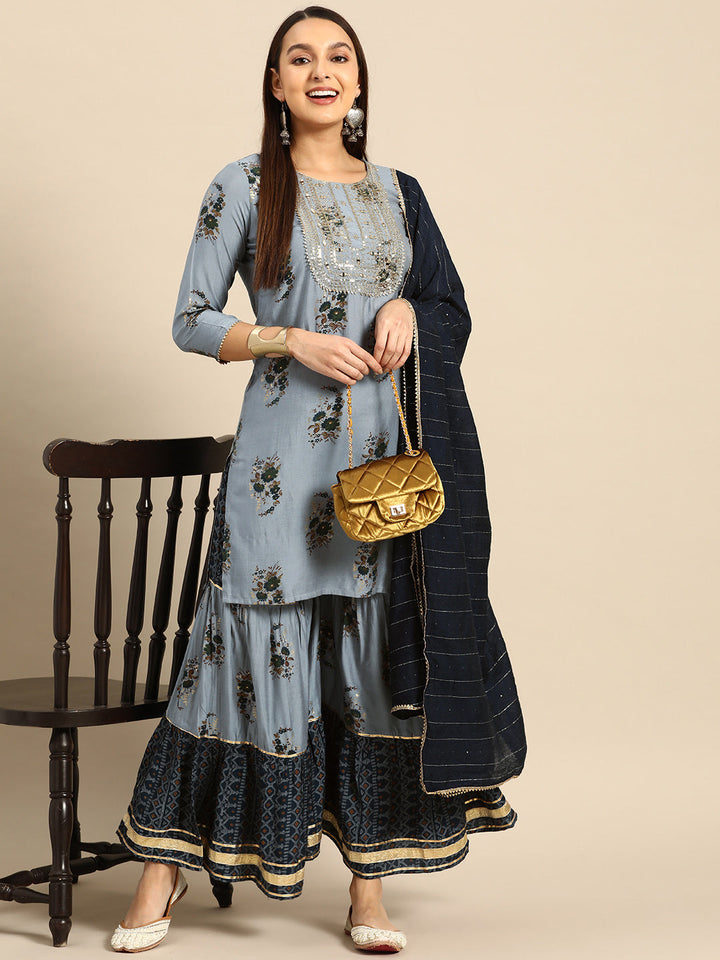 Grey & Black Muslin Gotta Patti Sharara Set