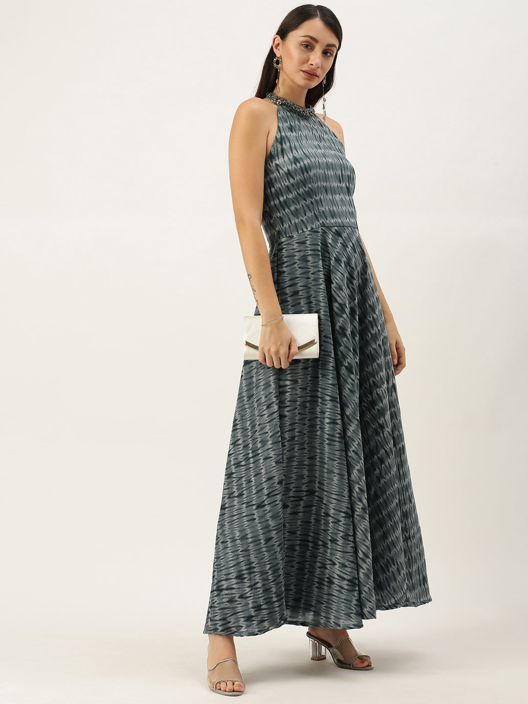 Grey-&-Black-Muslin-Halter-Neck-Gown