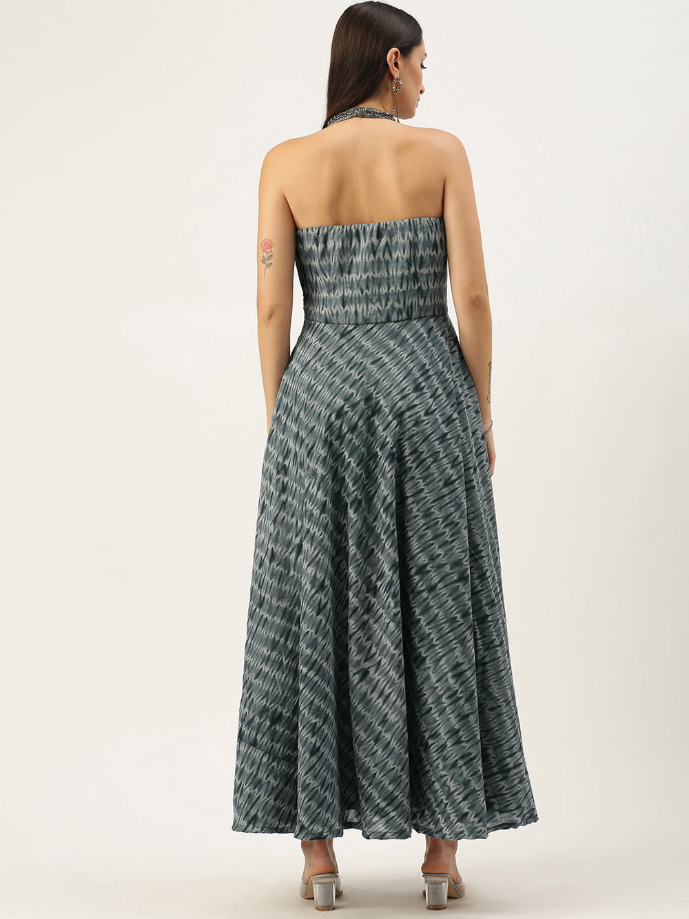 Grey-&-Black-Muslin-Halter-Neck-Gown