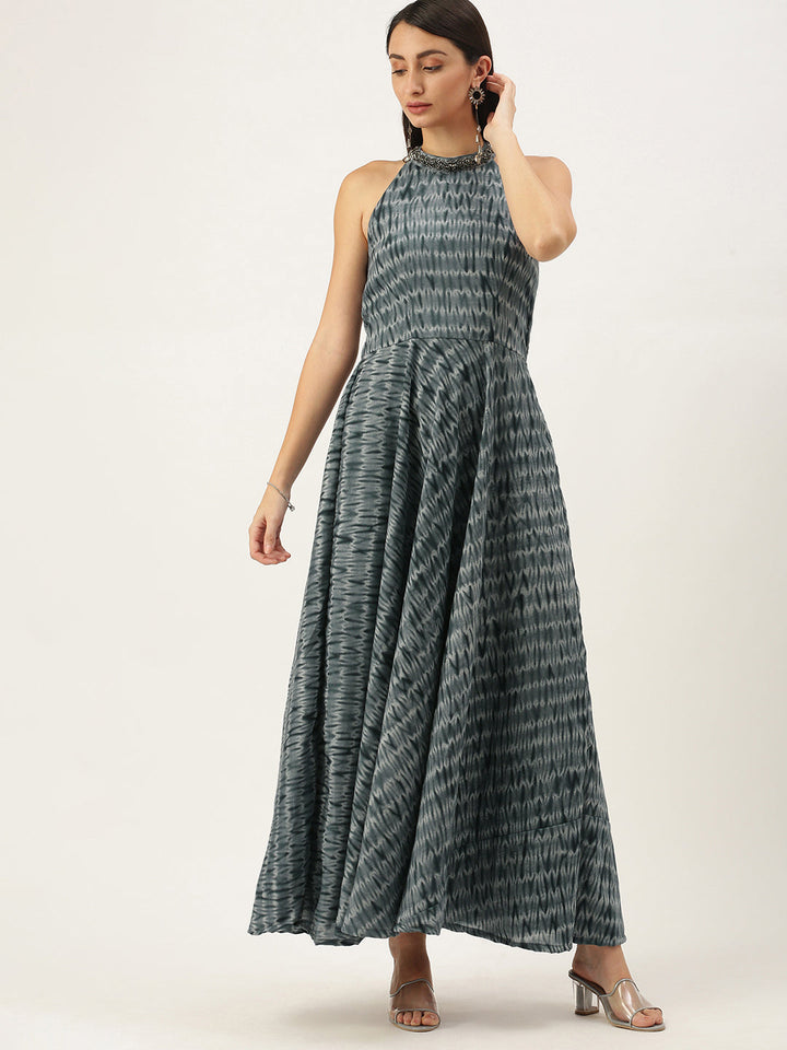 Grey-&-Black-Muslin-Halter-Neck-Gown
