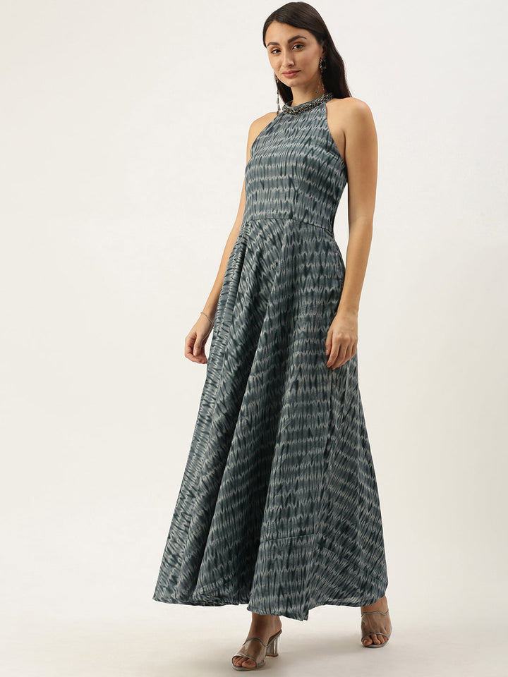 Grey-&-Black-Muslin-Halter-Neck-Gown