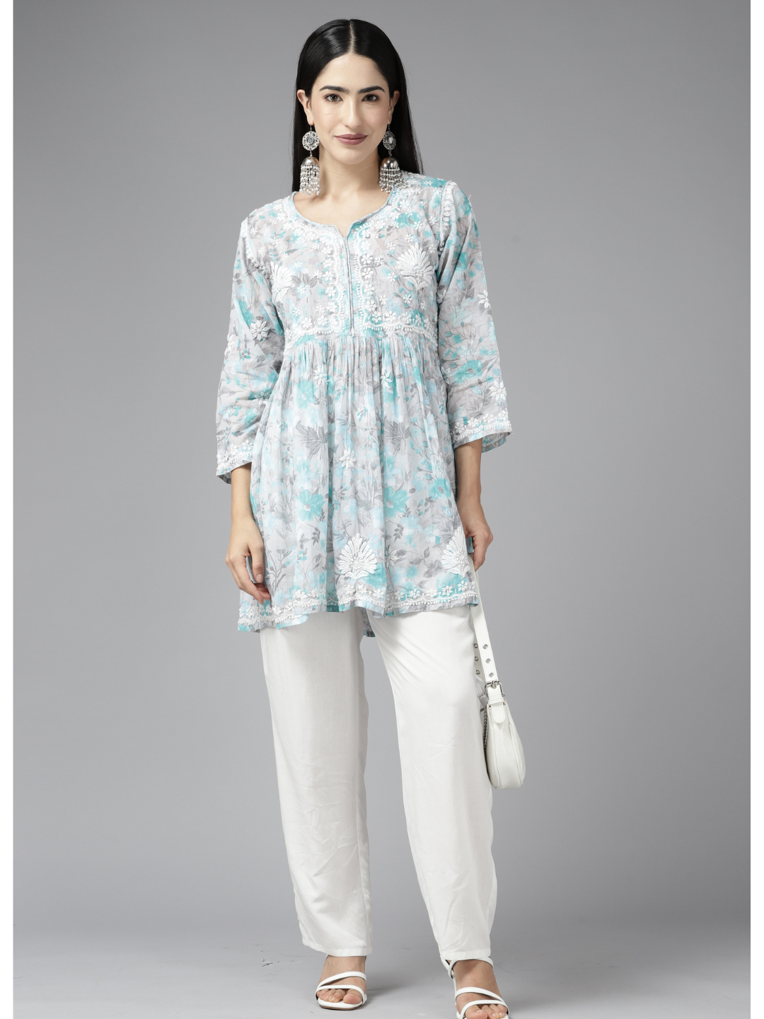 Grey & Blue Cotton Floral Chikan A-Line Kurti