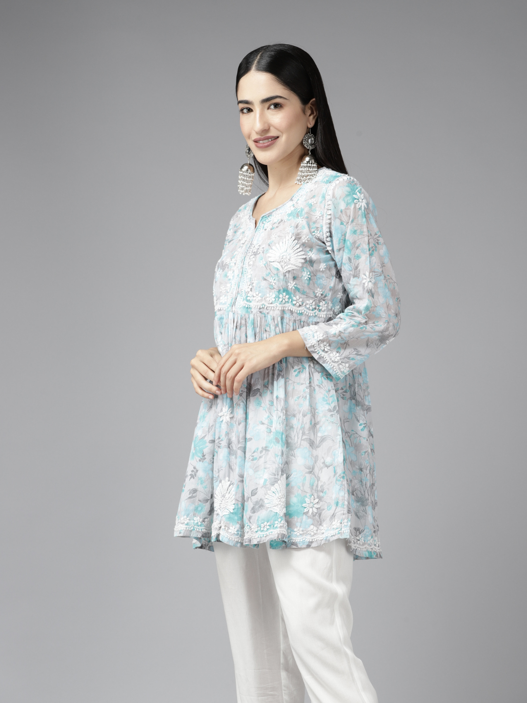 Grey & Blue Cotton Floral Chikan A-Line Kurti