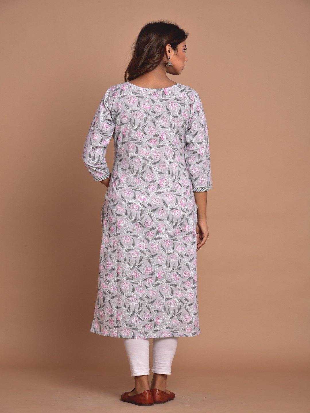 Grey & Pink Floral Yoke Plus Kurta Only