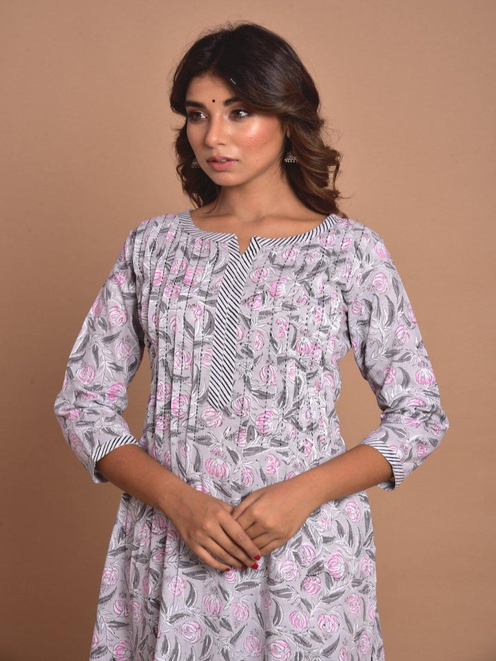 Grey & Pink Floral Yoke Plus Kurta Only