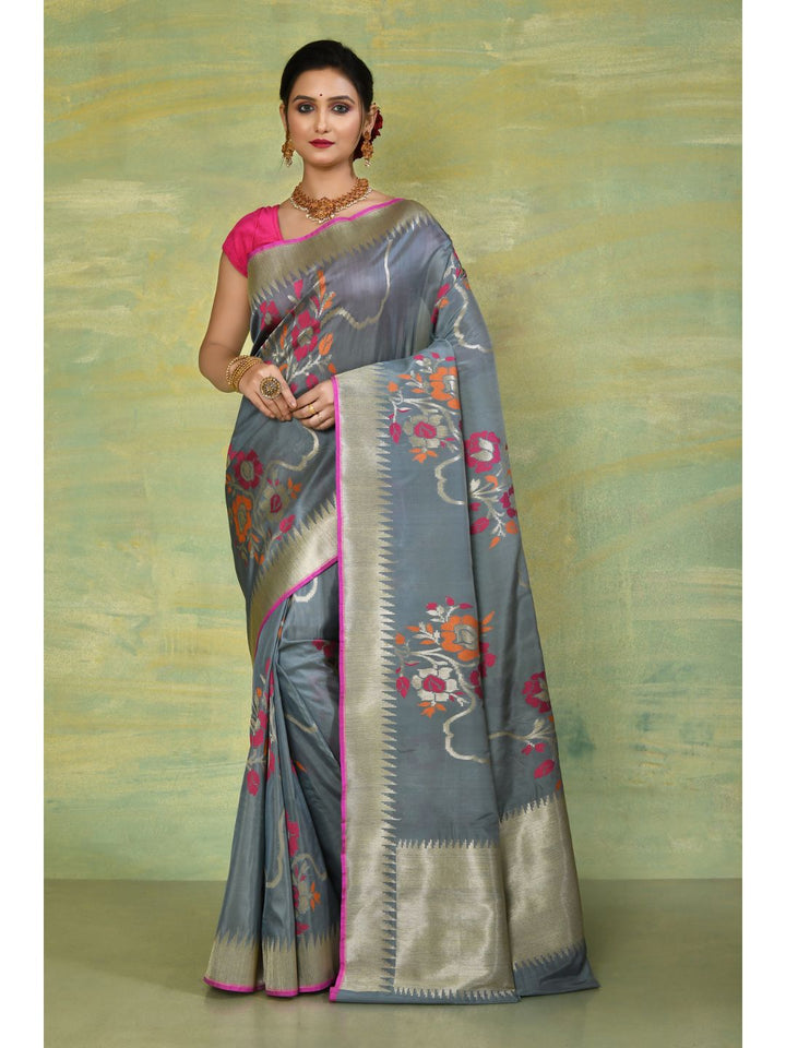 Grey & Pink Soft Silk Cutwork Banarasi Saree